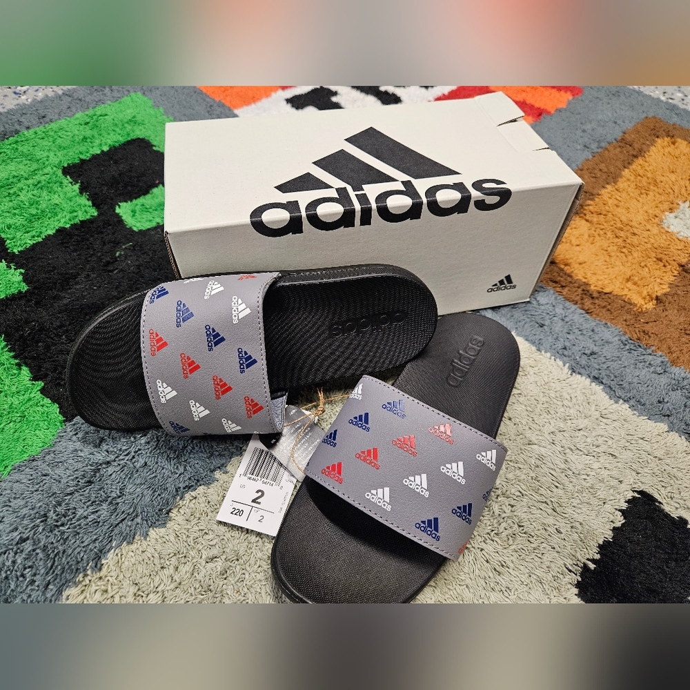 Adidas Black and Gray Slides with Multicolor Pattern